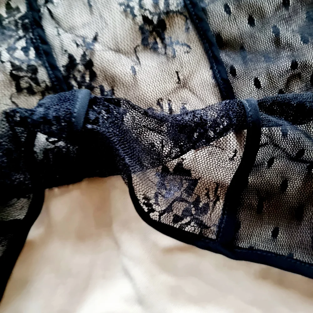 Strapless, black lace, knee length, corset dress with light beige/ tan under lay - Picture 8 of 8
